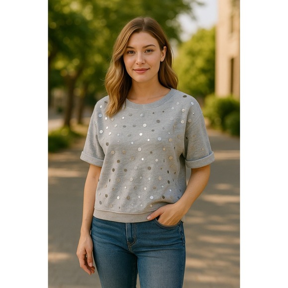 Michael Kors Silver Mirrored Polka Dot Sweatshirt Size M - Picture 1 of 9